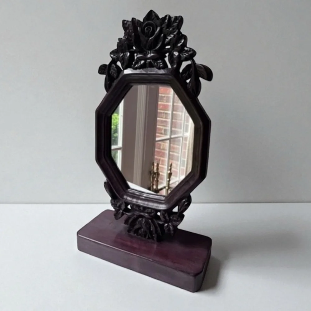 Antique hand carved vanity mirror Floral frame walnut wood frame